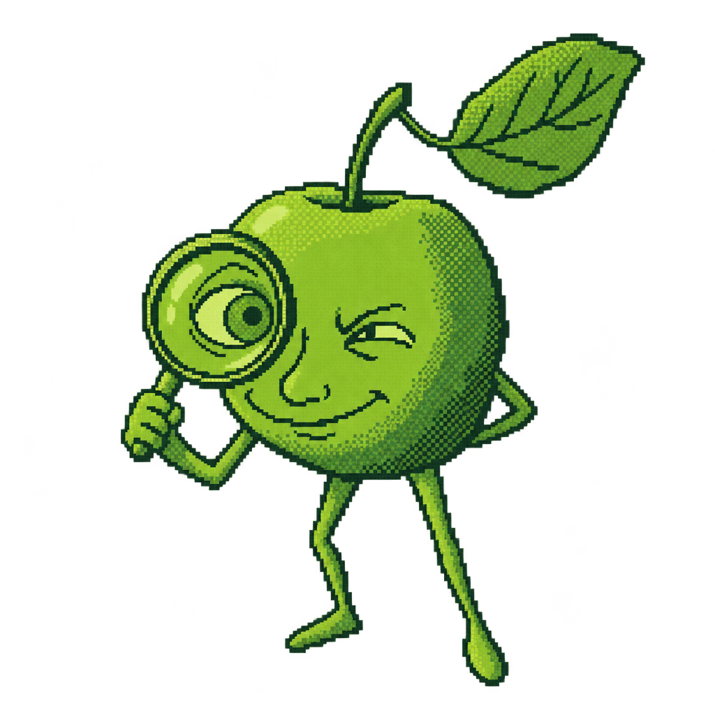 A small pea-green MANple figure standing alone on a wide grid floor
